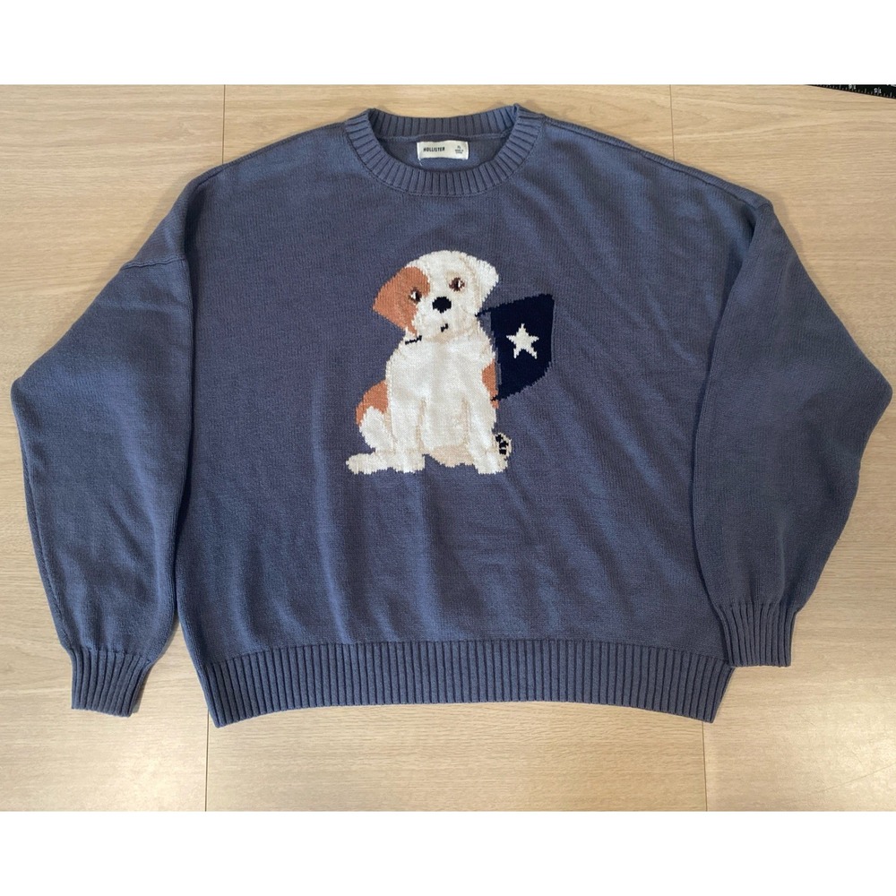 Hollister Women XL Slate Blue Dog Graphic Sweater Cotton Blend Crewneck Pullover